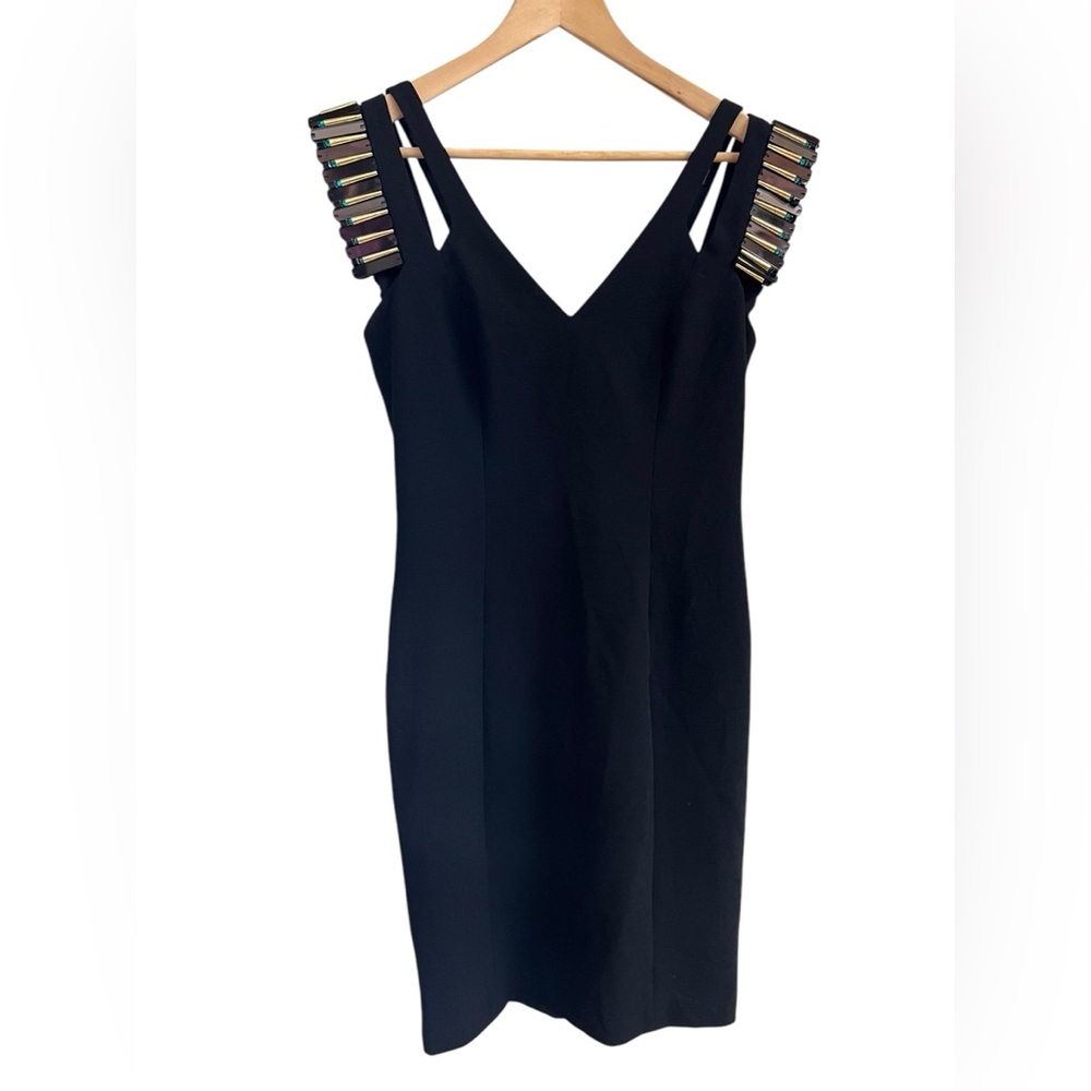 Badgley Mischka Shoulder-Accents LBD Black Pencil Classic Designer Dress Sz 8
